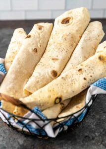 Freshly baked Azerbaijan lavash bread in basket