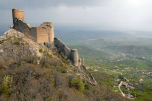Ancient ruins of Chirag Kala Tower in Quba, Azerbaijan