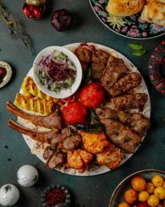 Assorted grilled meats and vegetables platter - Azerbaijan Kebab