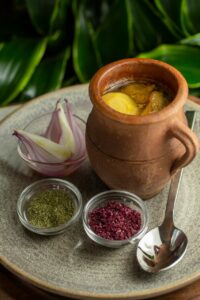 Clay pot with soup and herbs - Azerbaijan Piti